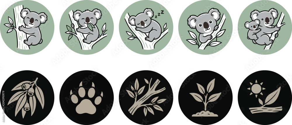 Fototapeta premium Cute gray koala bears in various poses and Australian nature elements arranged in a set of circular vector style icons