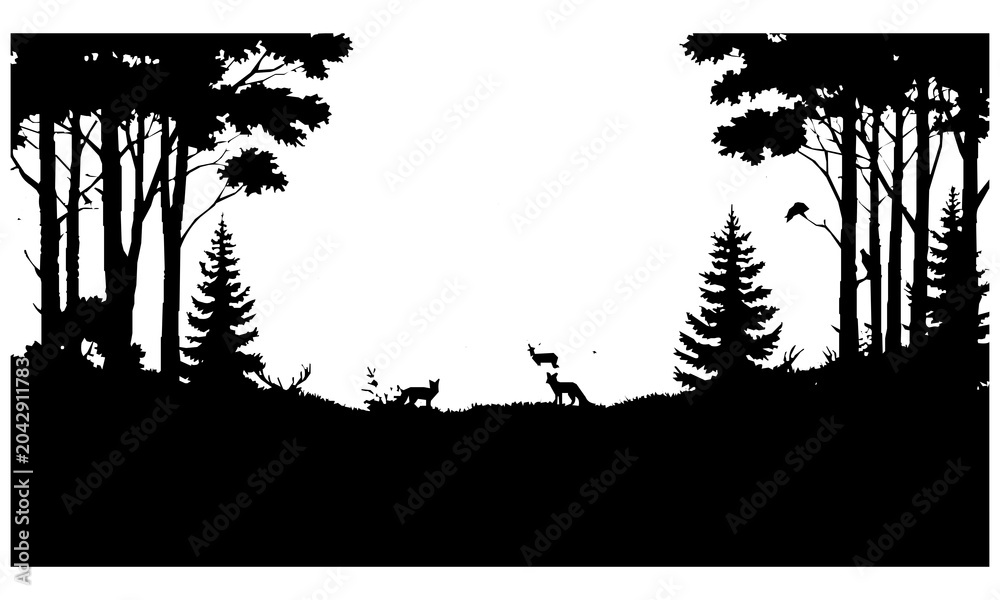 Obraz premium Hunter Silhouette Sitting in Tree Stand with Rifle Forest Scene