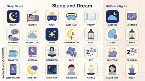 Obraz na plátně Sleep and Dream Icons Set: Bedtime, Rest, Wellness, and Night Routine
