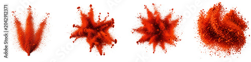 Red chili powder explosions and vibrant spice splashes on black background