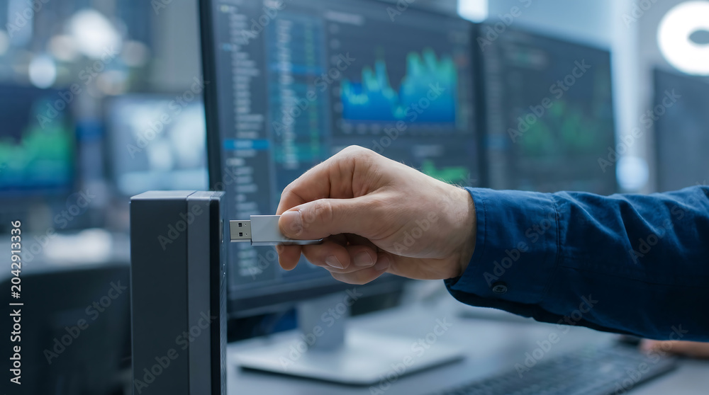 Fototapeta premium Male security analyst inserting USB drive into desktop computer while multiple monitors display data analytics in a modern office environment