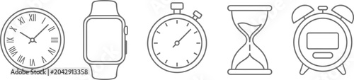 Foto Time and Clock Vector Icon Set with Watch Stopwatch Hourglass and Alarm Clock