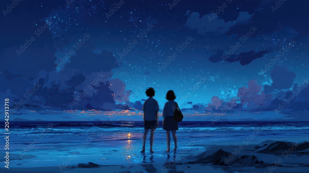 Fototapeta premium Two people stand on the beach at night under the stars while looking out at the ocean during a summer evening