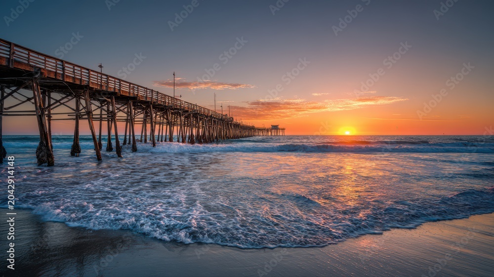 Fototapeta premium Sunset at pier with waves crashing on the shore in California during late evening hours