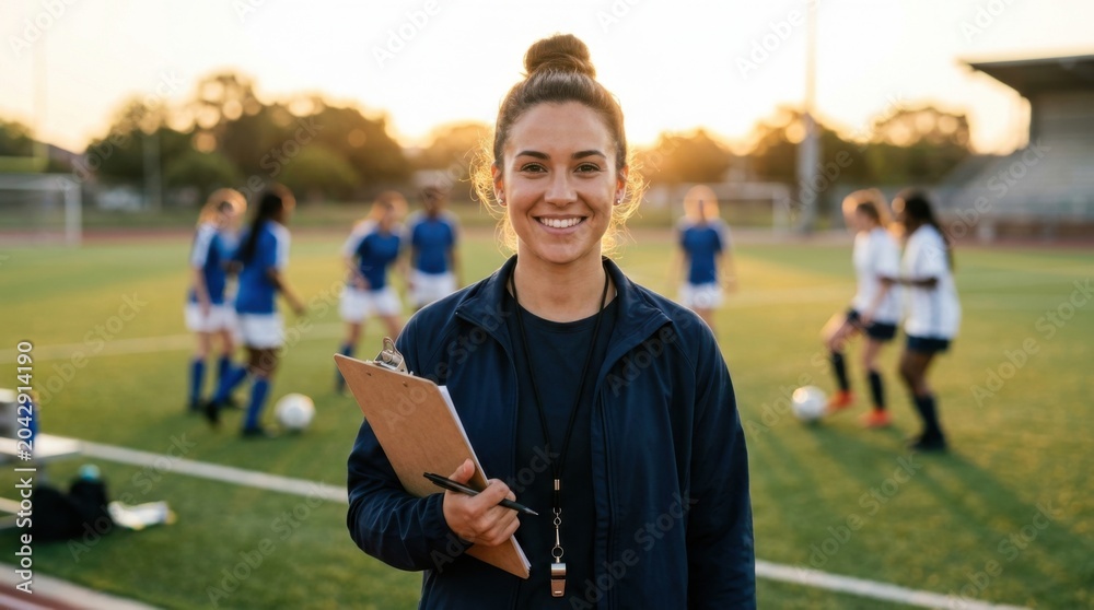 Fototapeta premium Female Soccer Coach On Training Field