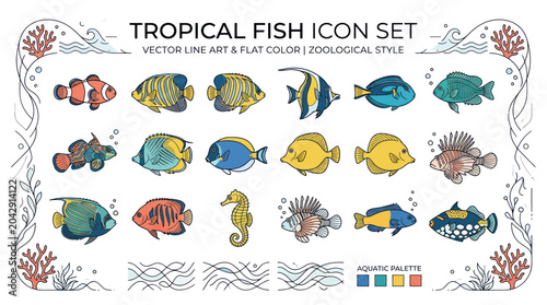 Konstfotografi Tropical Fish Icon Set - Vector Line Art and Flat Color Zoological Style