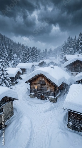 Winter wonderland snow storm over remote village scenic landscape atmospheric conditions serene viewpoint