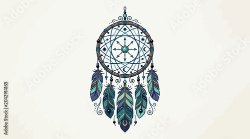 Tableau sur toile Boho Dreamcatcher with Feathers and Beads, Native American Symbol, Spiritual Dec