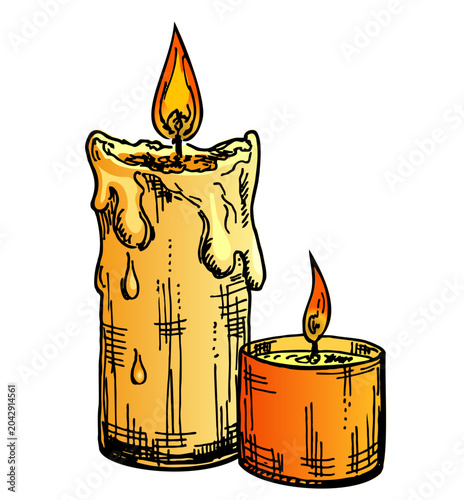 Slika na platnu Burning candles illustration with glowing flames, melting wax and warm light