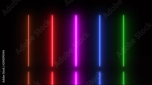 Vibrant neon light bars glowing in red, orange, purple, blue, and green on a dark background. Futuristic laser animation with reflections, perfect for technology, gaming, music, cyberpunk, and digital