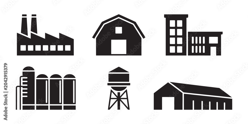 Fototapeta premium Industrial Building Icon Set, Factory Warehouse Silo Water Tower Symbols, Manufacturing and Logistics Vector Illustration Collection