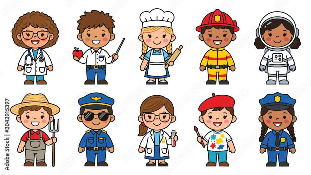Fototapeta premium Group of professional characters featuring doctor teacher chef firefighter and astronaut.