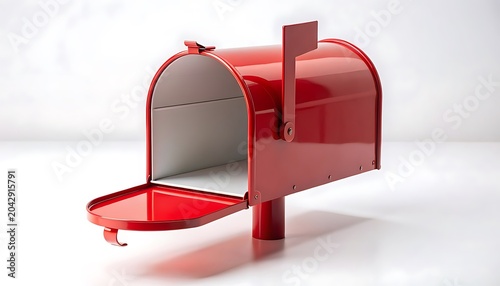 Red mailbox with open lid on white background shows interior