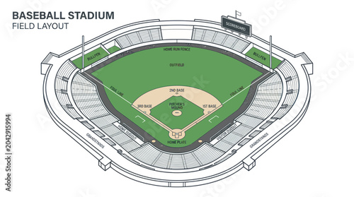Foto Baseball Stadium Field Layout Diagram - Aerial View of Sports Arena