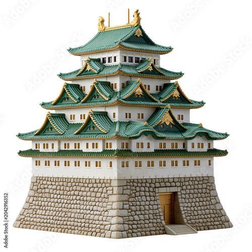 Detailed model of a traditional japanese castle with green roofs and stone