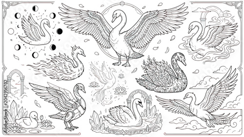 Schilderij op canvas Mystical swan coloring page collection, celestial bird vector set with moon phas
