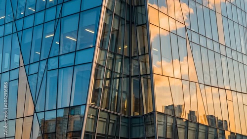Building Design in City With Glass Walls Reflecting Urban Skyline During Evening Light