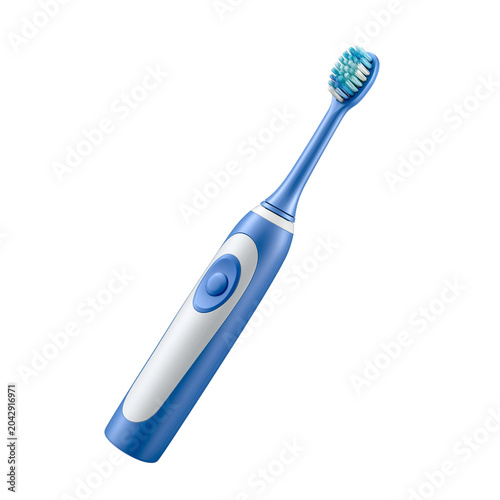 Blue and white electric toothbrush with blue bristles on white background