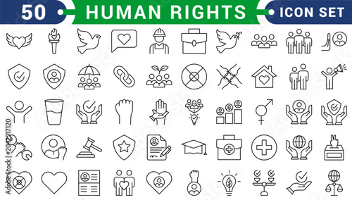 Konstfotografi Human Rights line icon set featuring equality, justice, freedom, law, diversity, peace, and advocacy