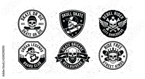 Photos Skateboarding badges vector black and white skull