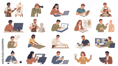 Diverse Artists Working in Various Creative Fields, Digital Art Flat Style