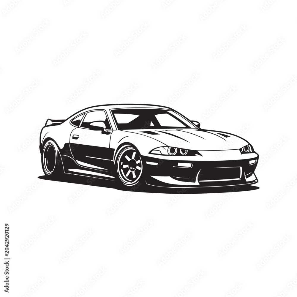 Naklejka premium Graphic illustration of a modified sports coupe car with automobile transport illustration