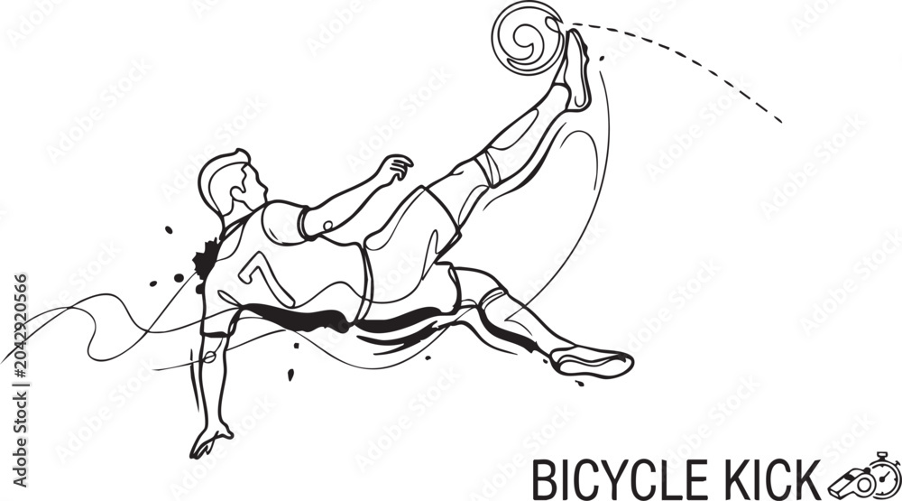 Fototapeta premium Soccer player performing a bicycle kick in line art style
