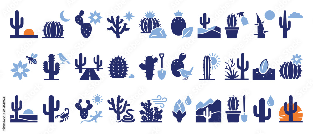 Naklejka premium Set of desert cactus icons. Succulents, arid landscape, nature plants, desert flora symbols. Environment, travel, outdoor adventure pictogram collection.