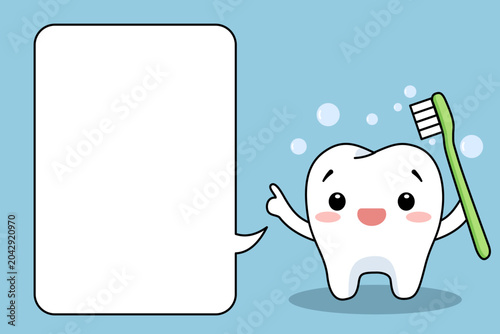 Happy smiling tooth cartoon character holding a green toothbrush and pointing at a blank white speech bubble template on a bright blue background