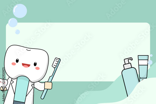 Cute tooth character wearing a dentist gown and holding a toothbrush, standing next to a blank white text board with dental products on a mint green background