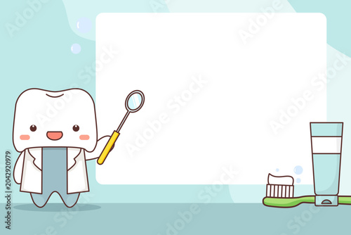 Adorable dentist tooth cartoon character holding a dental mirror next to a large empty text banner with a toothbrush and toothpaste on the side