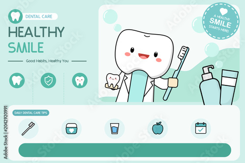 Mint green dental health infographic banner template displaying a cute dentist cartoon