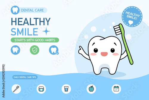 Bright blue dental infographic background with a cute tooth character holding a toothbrush, presenting 