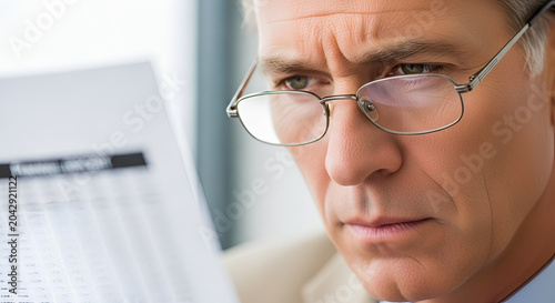 Focused mature businessman reviewing a document with glasses