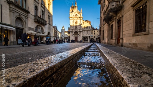 Historic European city square with cobblestone pavement and Gothic cathedral.