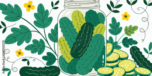Photos Pickled cucumbers in a glass jar and fresh cucumbers vector illustration