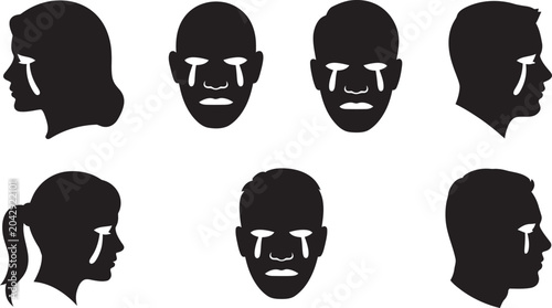Schilderij op canvas Crying face silhouettes vector set, sad emotions, grief and sorrow icons, human head profiles with tears, emotional distress illustration collection for psychology and empathy design elements