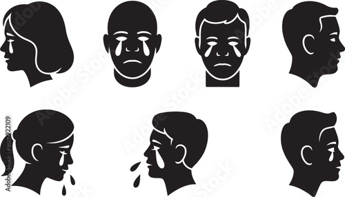 Photos Crying faces silhouette icon set, emotional distress and sadness vector collection with tearful human head profiles for mental health, grief and expressive emotion design