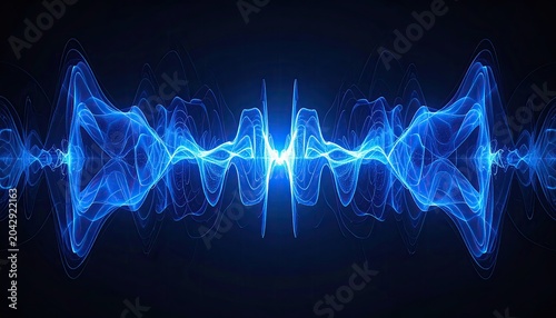 Symmetrical, glowing blue energy wave patterns emanate from center, against dark background