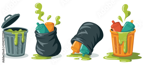 Photos Garbage Pollution Illustration Set with Overflowing Waste Containers, Toxic Fume