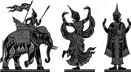 Картината върху платно Silhouettes of ornate Thai elephant rider, graceful dancer, and ceremonial figur