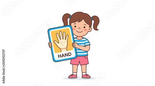 Foto Little girl holding a flashcard of a human hand, learning anatomy and body parts