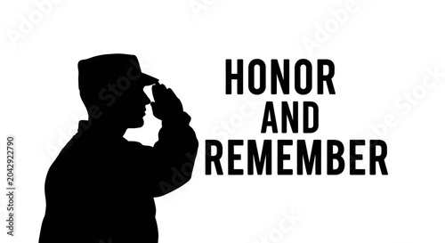 Schilderij op canvas Silhouette of soldier saluting with honor and remember text symbolizing respect