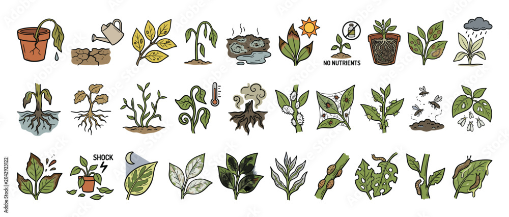 Obraz premium Plant health problems icon set. Common plant disease symptoms, garden pest infestations, care issues, foliage damage diagnosis signs.