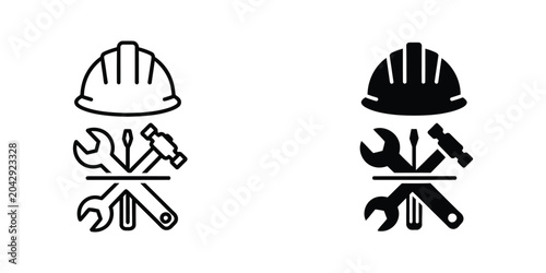 Construction safety icons with hard hat and tools