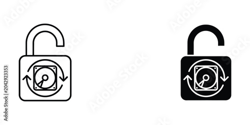 Slika na platnu Open and closed padlock icons with hard drive symbols