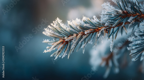 Evergreen pine branch covered in heavy winter frost with blurred icy blue background, evergreen