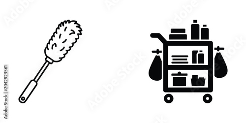Cleaning duster and supply cart icon set