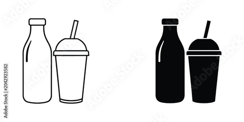 Black and white milk bottle and smoothie cup with straws