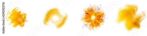 Saffron and turmeric powder explosion set isolated on black background